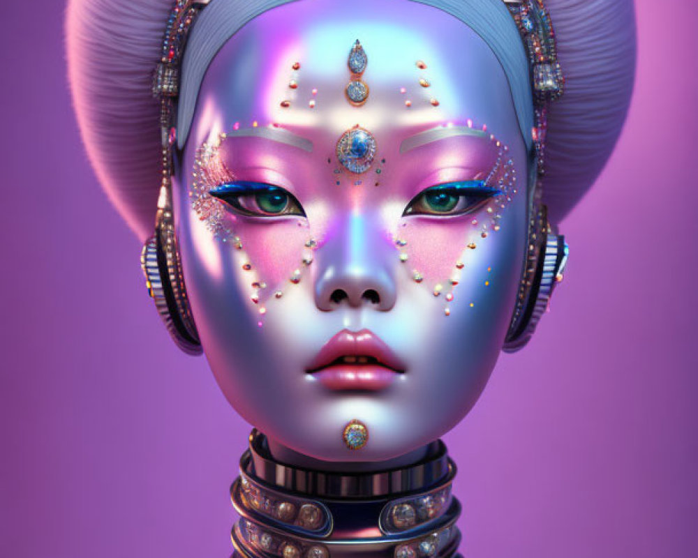 Female android with blue complexion and ornate jewelry on purple background