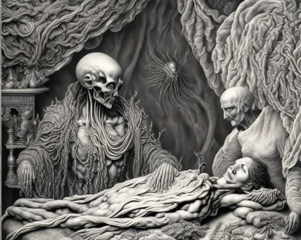 Monochrome surreal scene with cloaked skull, spider, old man, and young person in intricate setting