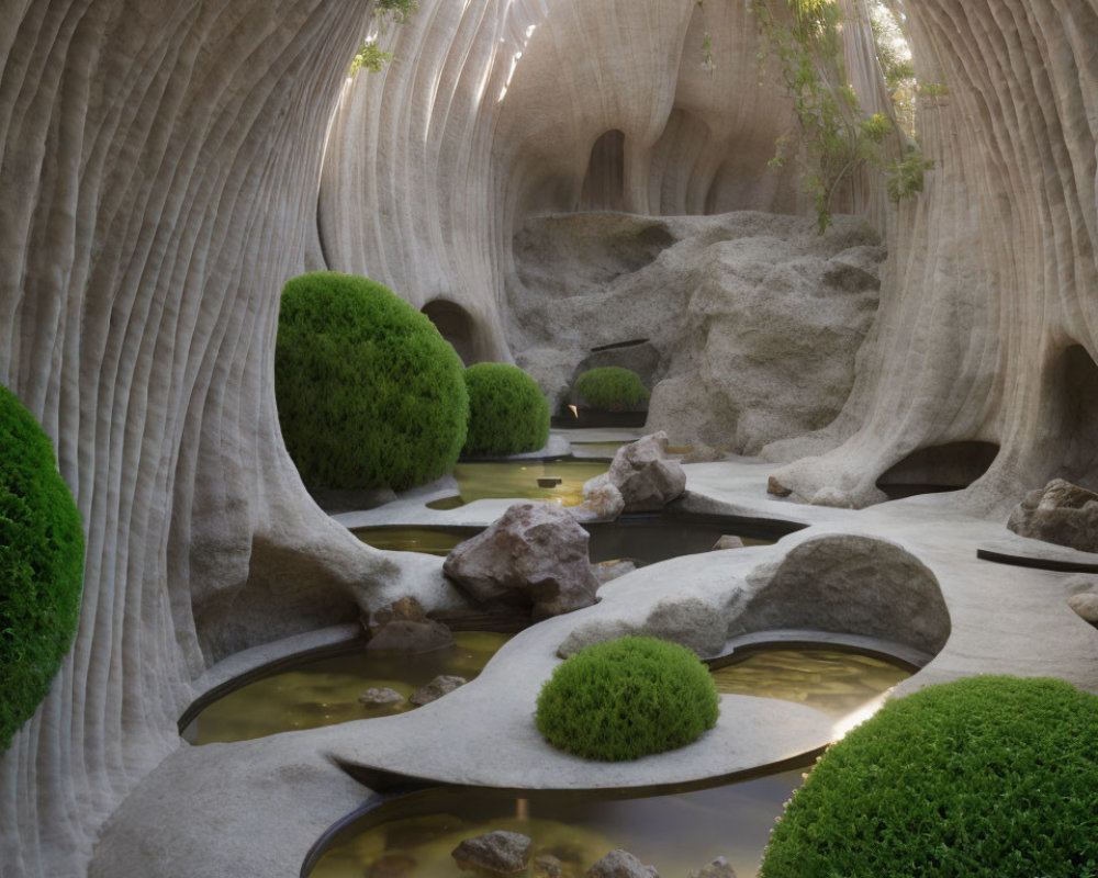Tranquil garden with rock formations, ponds, and greenery