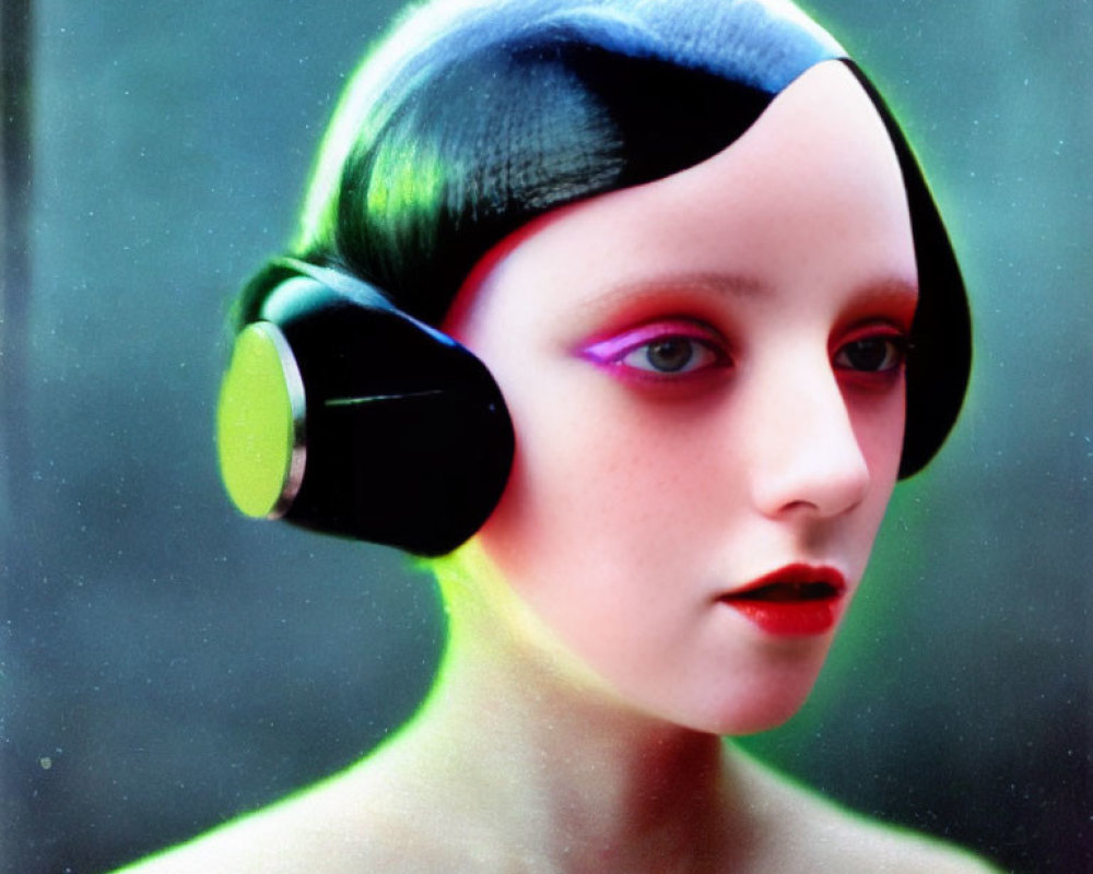 Digital portrait of person with pale skin, dark hair, bright makeup, futuristic headphones, blurred backdrop.