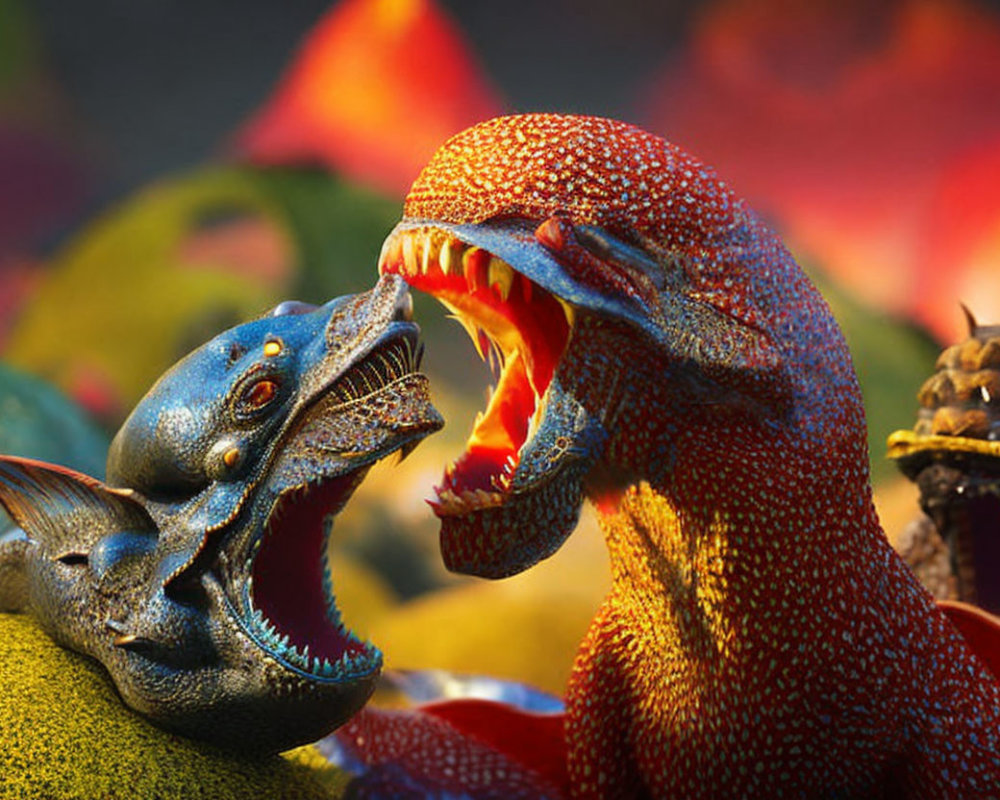 Colorful animated dinosaurs in roaring face-off against vibrant prehistoric backdrop