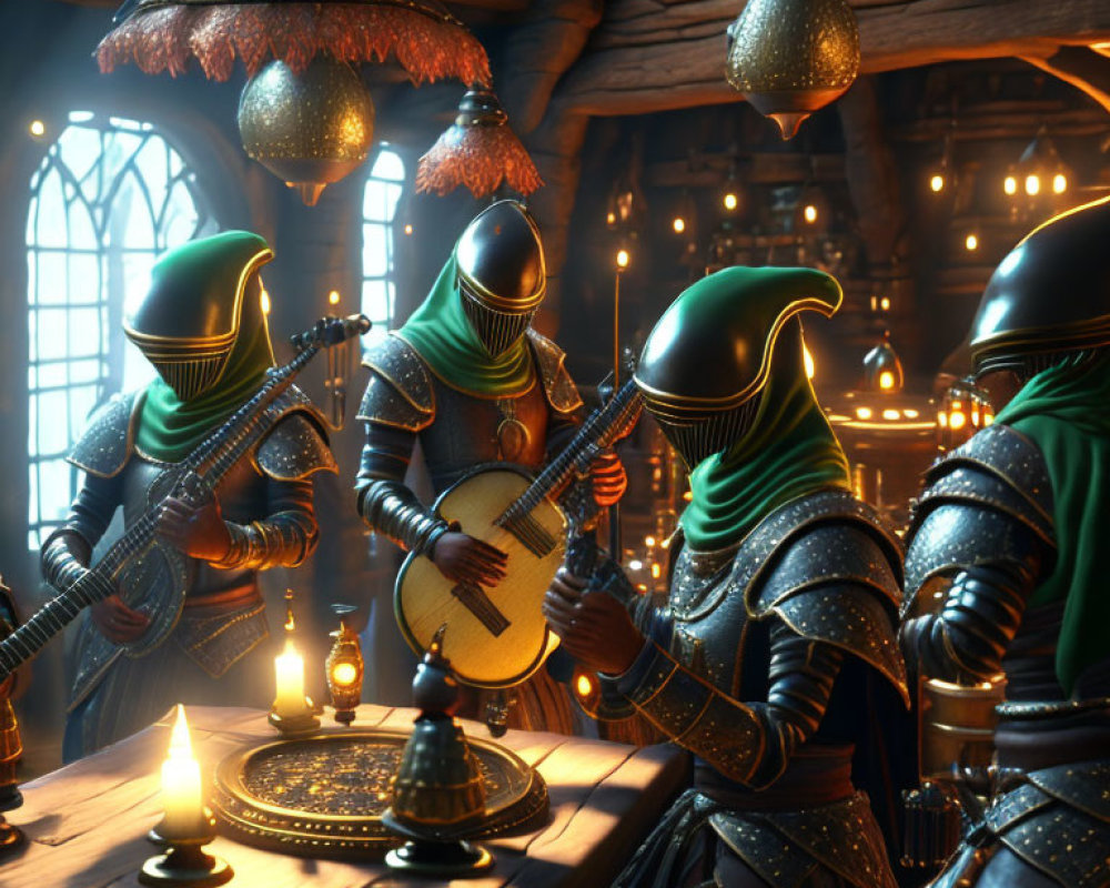 Armored knights playing instruments in a medieval tavern setting