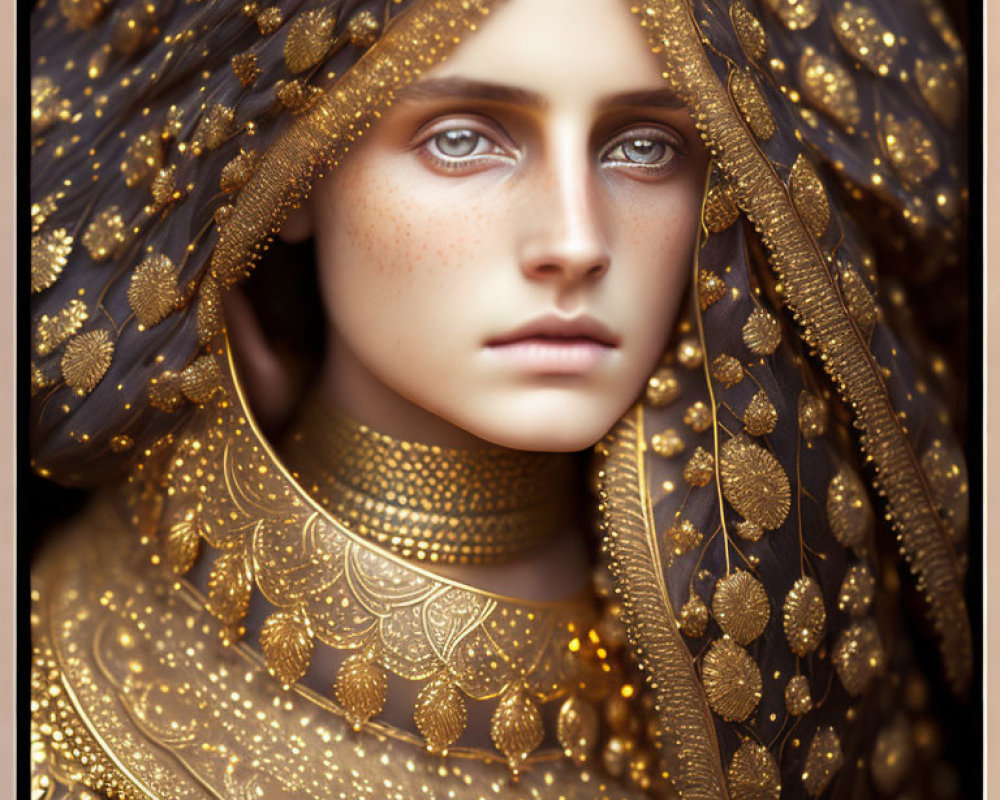 Portrait of a person with striking blue eyes and golden veil and jewelry