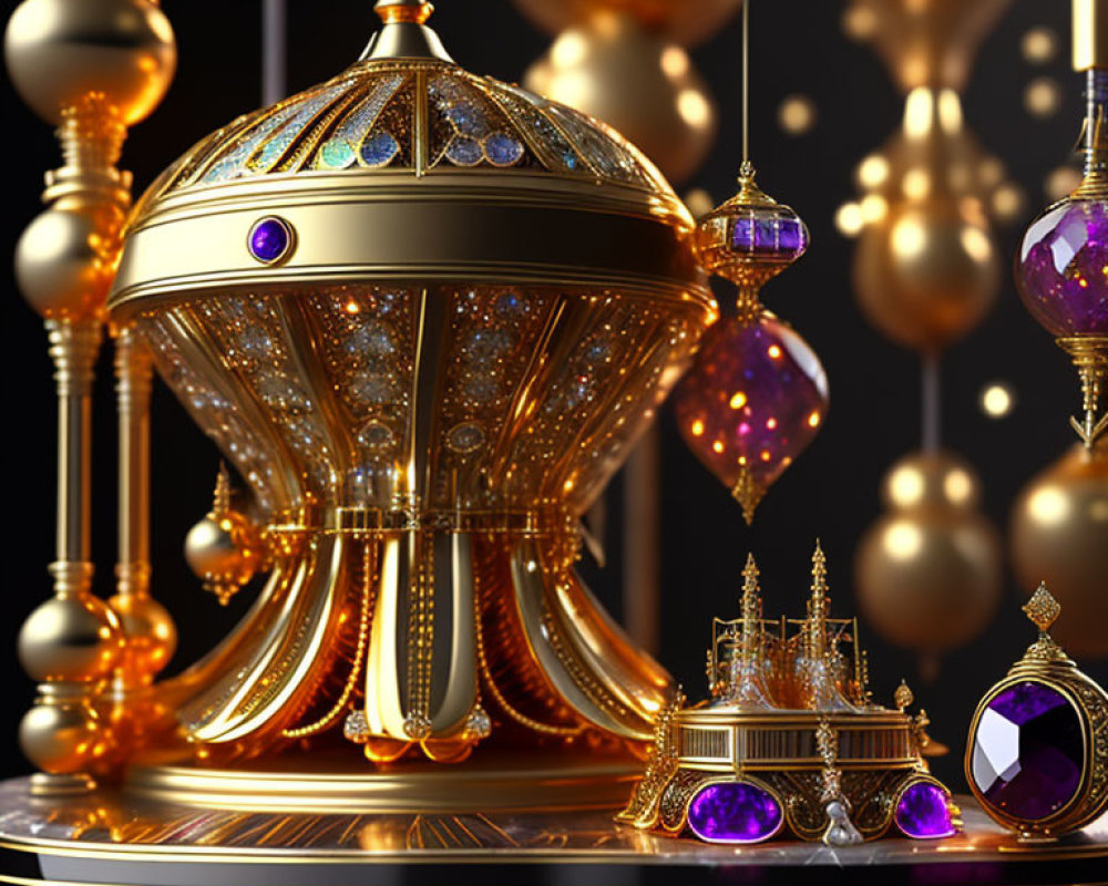 Intricate Golden Fantasy Object with Sparkling Gems on Dark Background