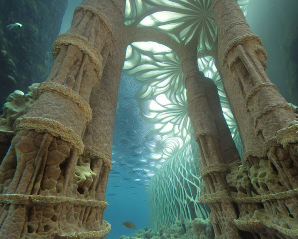 Surreal organic architectural structures in underwater setting