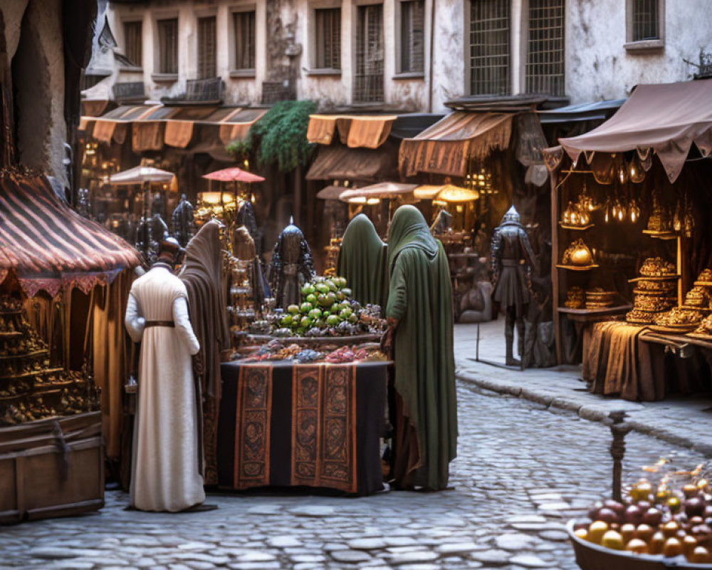 Medieval-themed market street at dusk with cloaked figures browsing stalls adorned with lights and textiles.