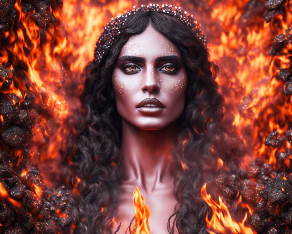 Portrait of woman with fiery-themed makeup in mystical setting