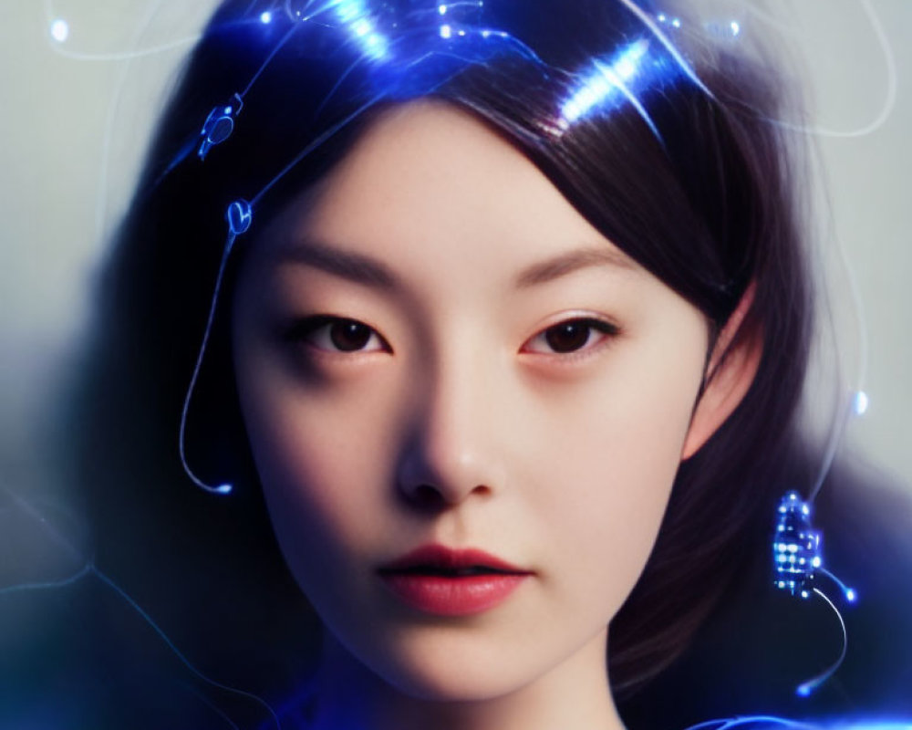 Fair-skinned woman with dark hair and glowing blue lights and futuristic elements.