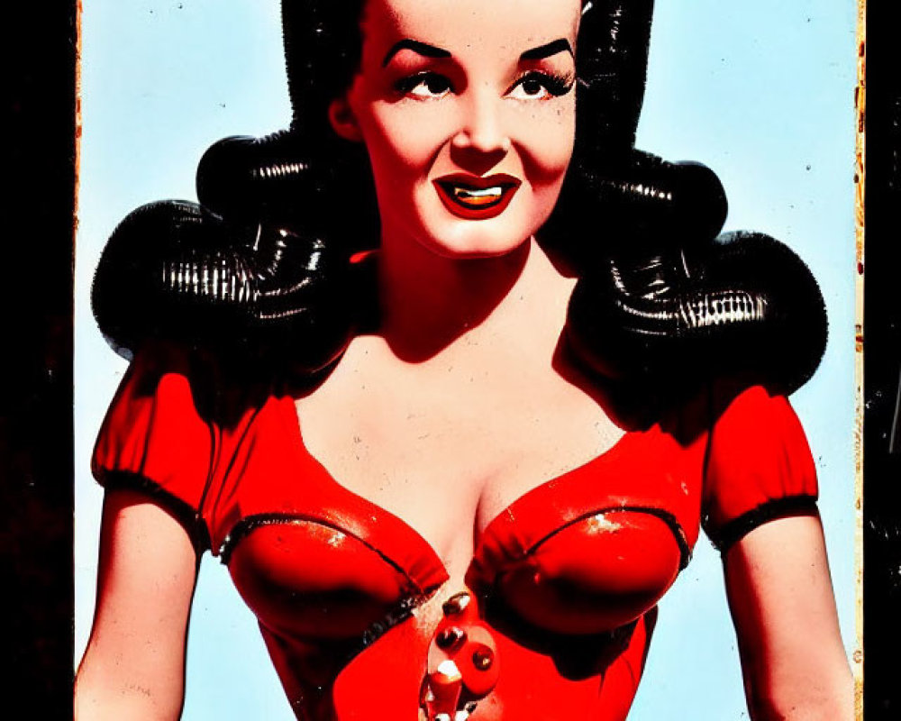 Classic vintage illustration of a woman in high-waisted pants and red top