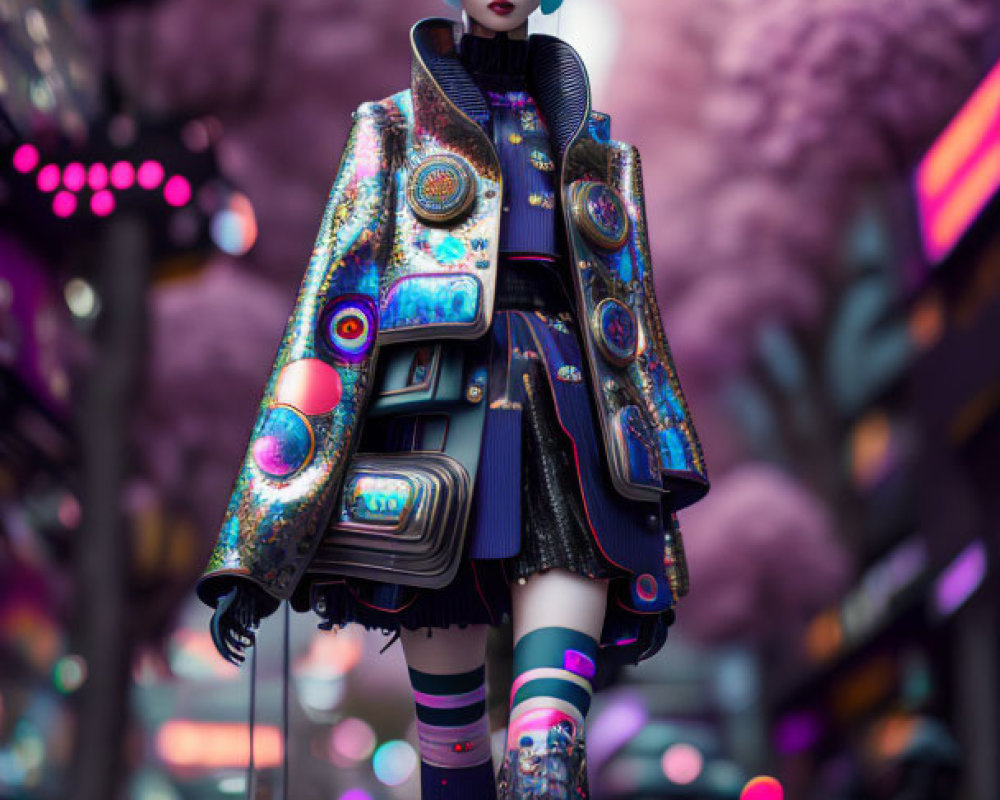 Elaborately dressed female android on futuristic street