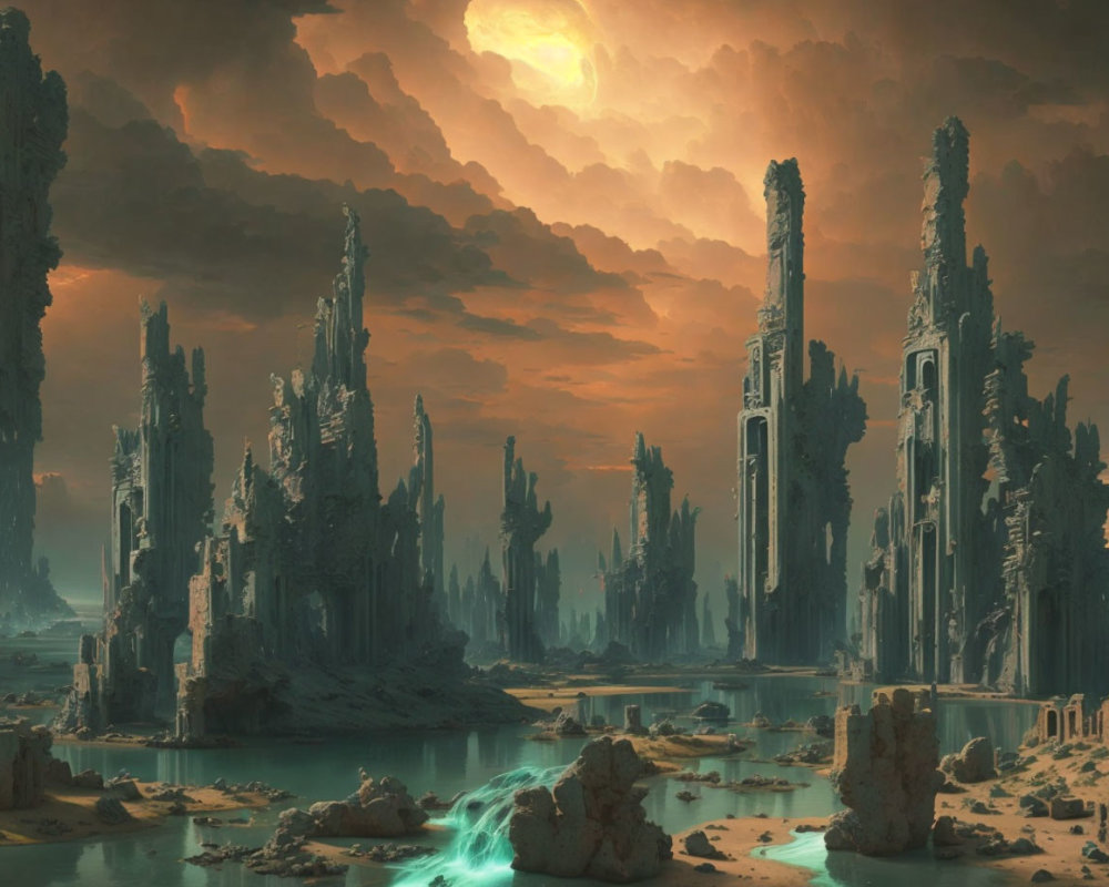 Fantastical landscape with towering spires and serene pools.