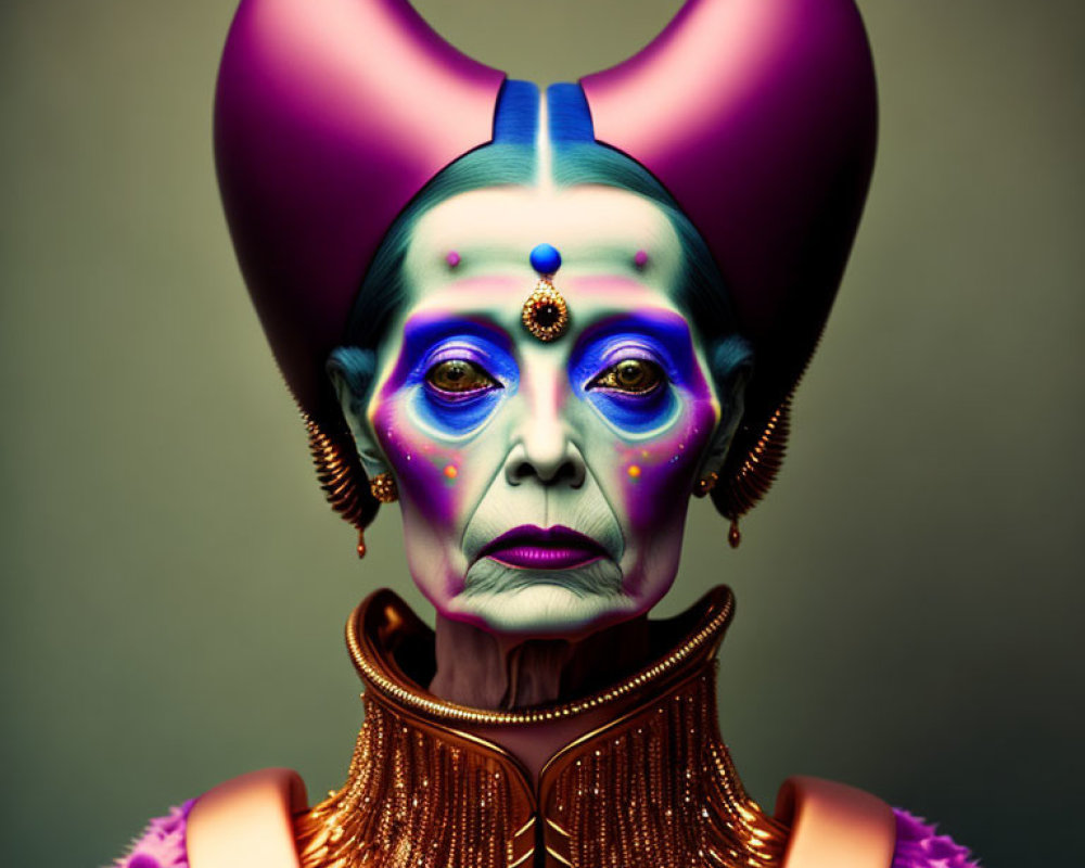 Colorful surreal portrait with exaggerated makeup and purple headpiece.