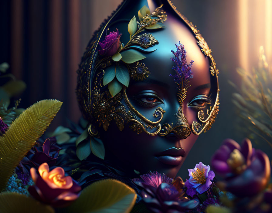 Stylized portrait of person with dark ornate mask and vibrant flowers