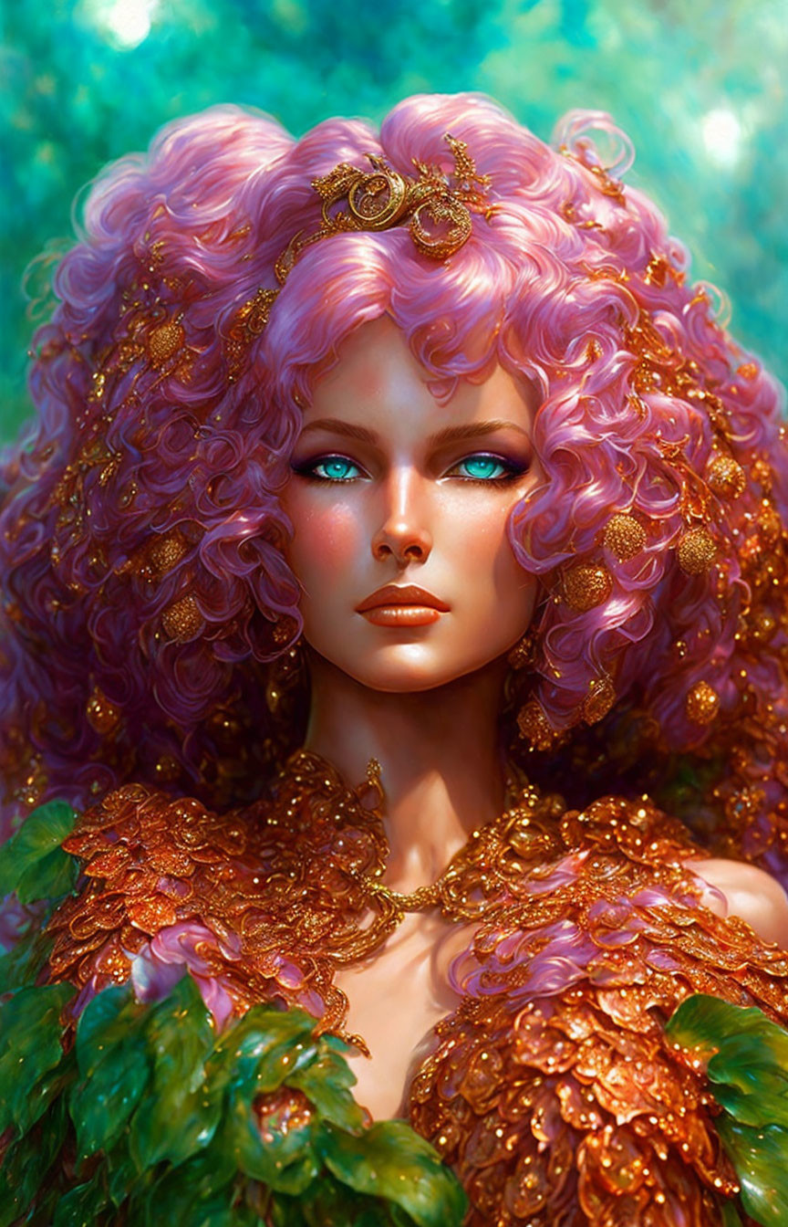 Vivid portrait of woman with pink curly hair and blue eyes