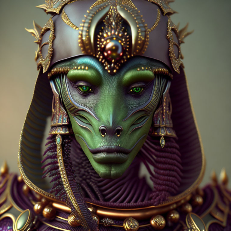 Detailed digital portrait of green-skinned alien with golden eyes and ornate purple and gold headgear.