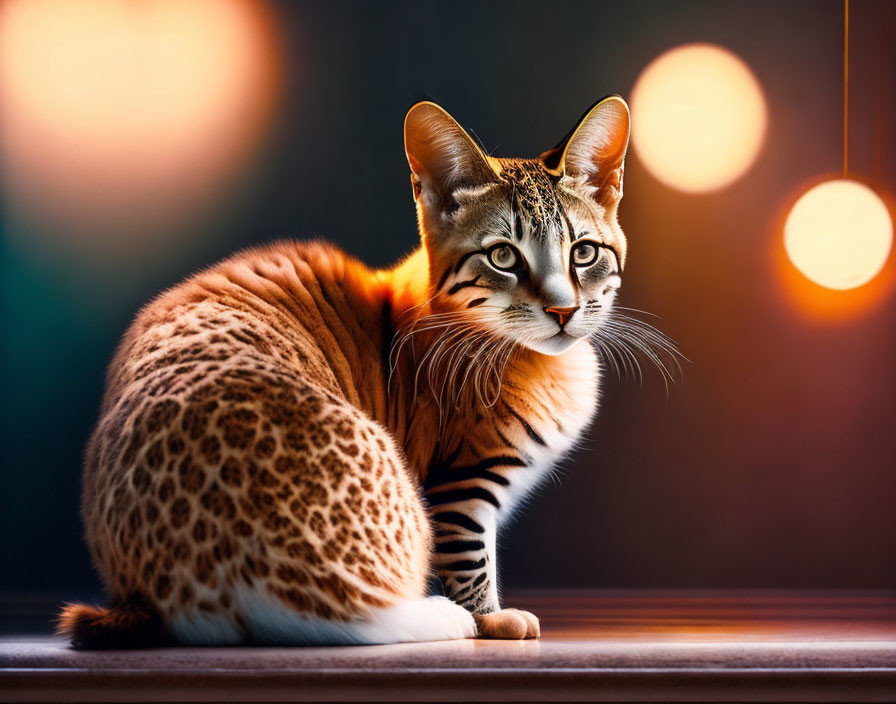 Tabby Cat with Leopard-Like Spots in Graceful Pose Against Glowing Lights
