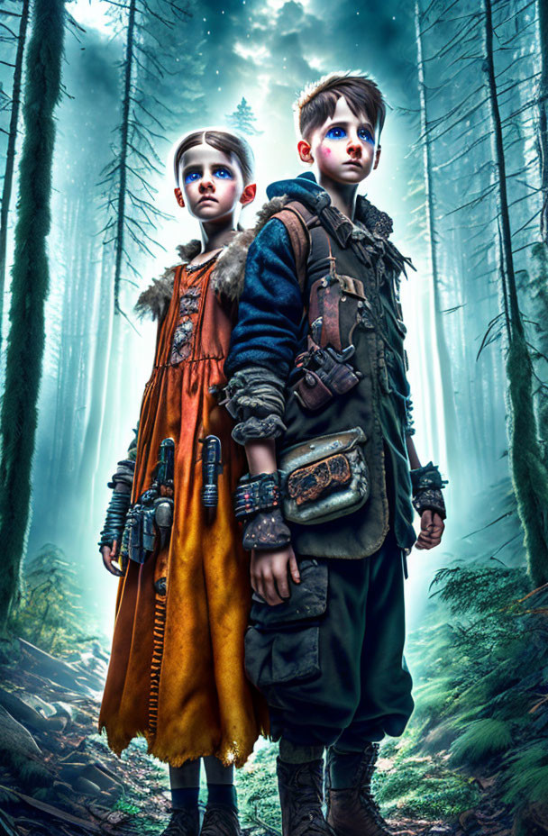 Children in fantasy costumes in misty forest with glowing blue marks