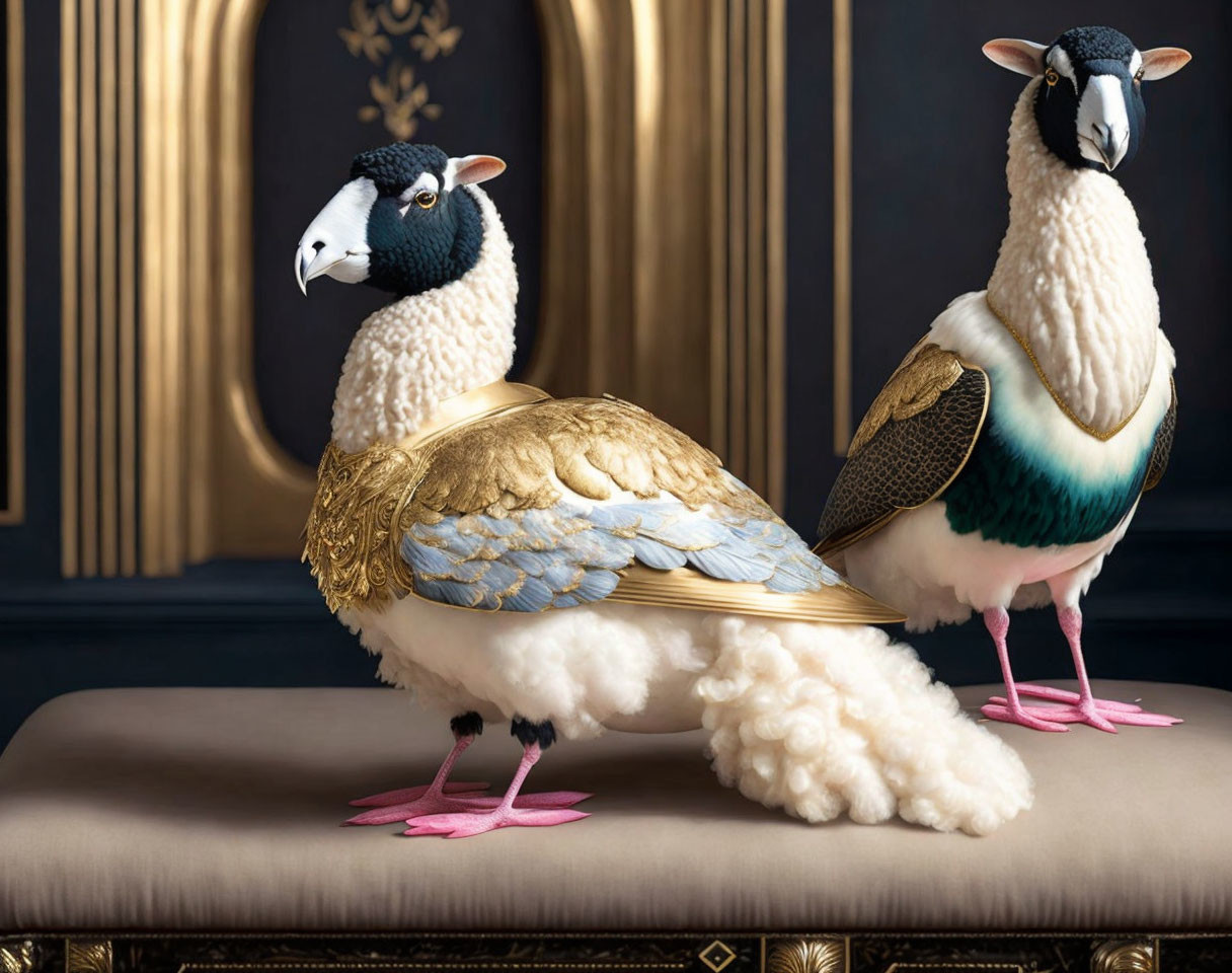 Surreal birds with sheep heads and golden plumage on ornate dark backdrop