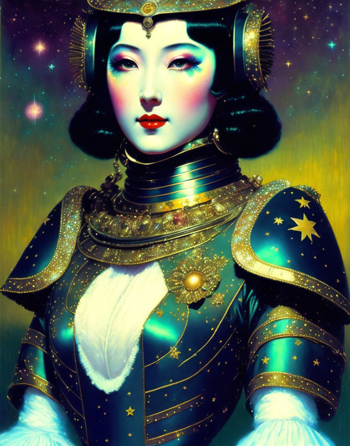 Futuristic woman in celestial armor against starry backdrop