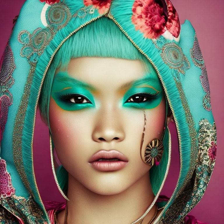 Teal Hair and Makeup with Ornate Headscarf on Pink Background