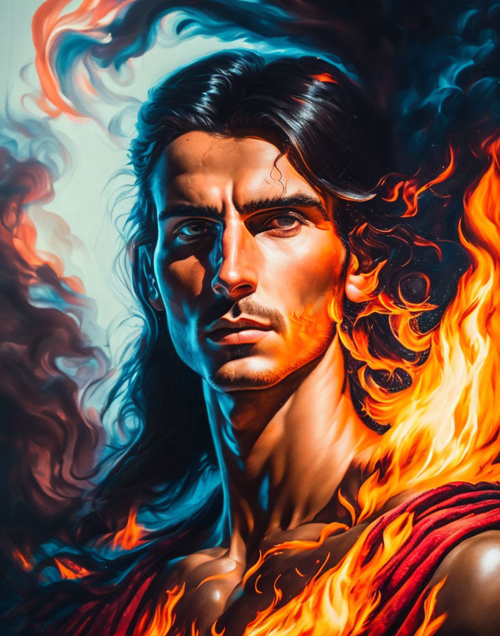 Intense digital portrait of a man engulfed in red and blue flames