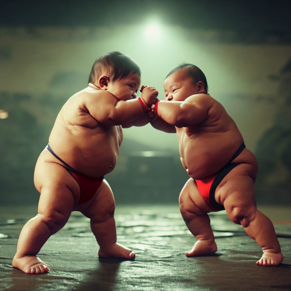 Infants in sumo wrestling attire in softly lit setting