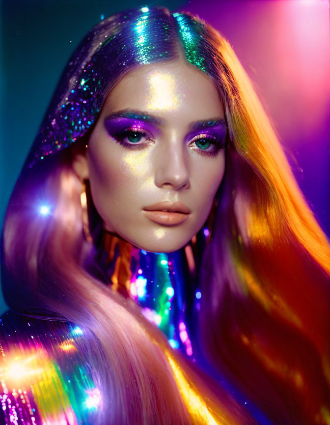 Portrait of woman with glittery makeup under colored lighting, reflecting rainbows on hair and skin