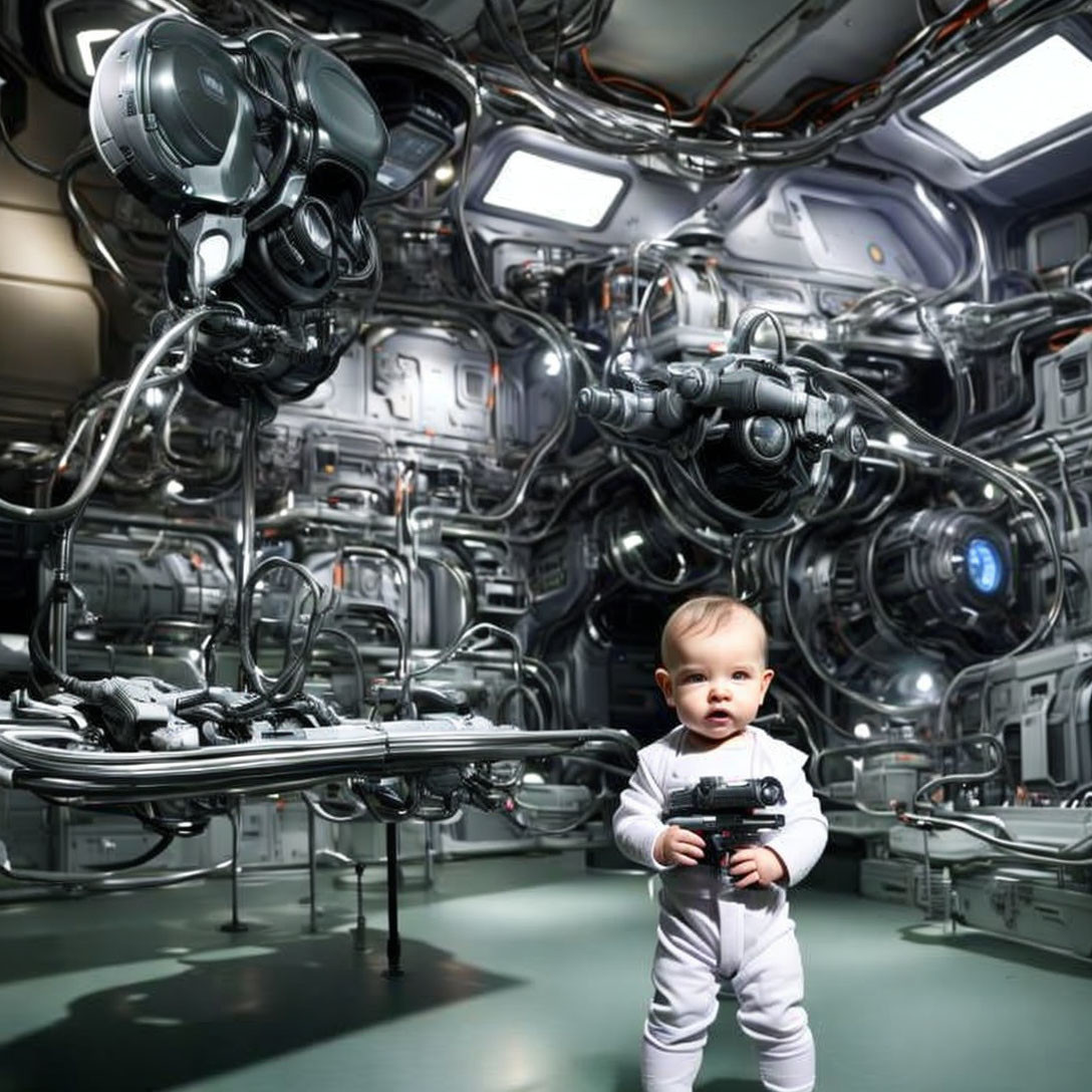 Baby in White Suit in Futuristic Room with Robotic Arms