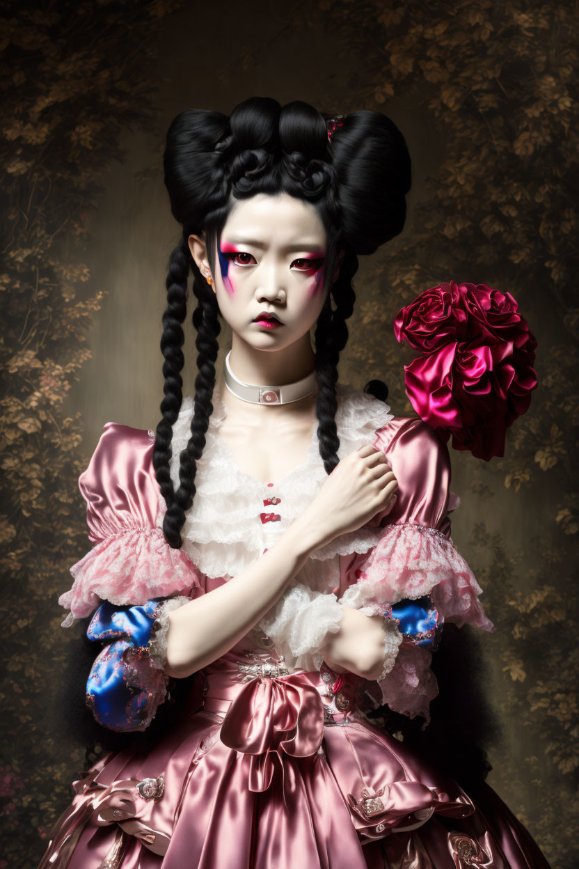 Pale-skinned person in dramatic gothic makeup, wearing Victorian pink dress with red eye details holding a