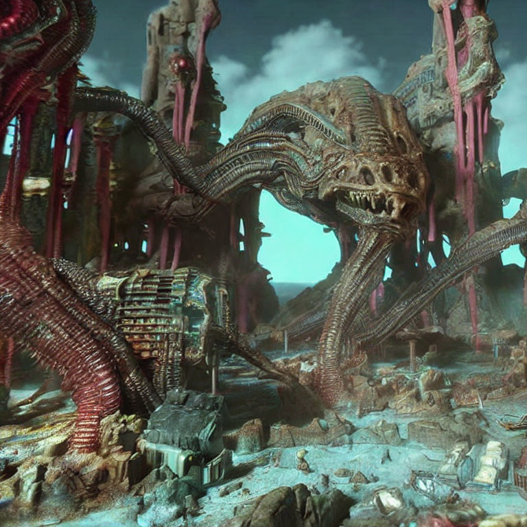Monstrous alien creature with tentacles in desolate landscape