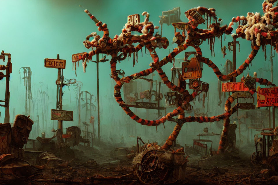 Dystopian artwork of desolate landscape with barren trees and abandoned machinery