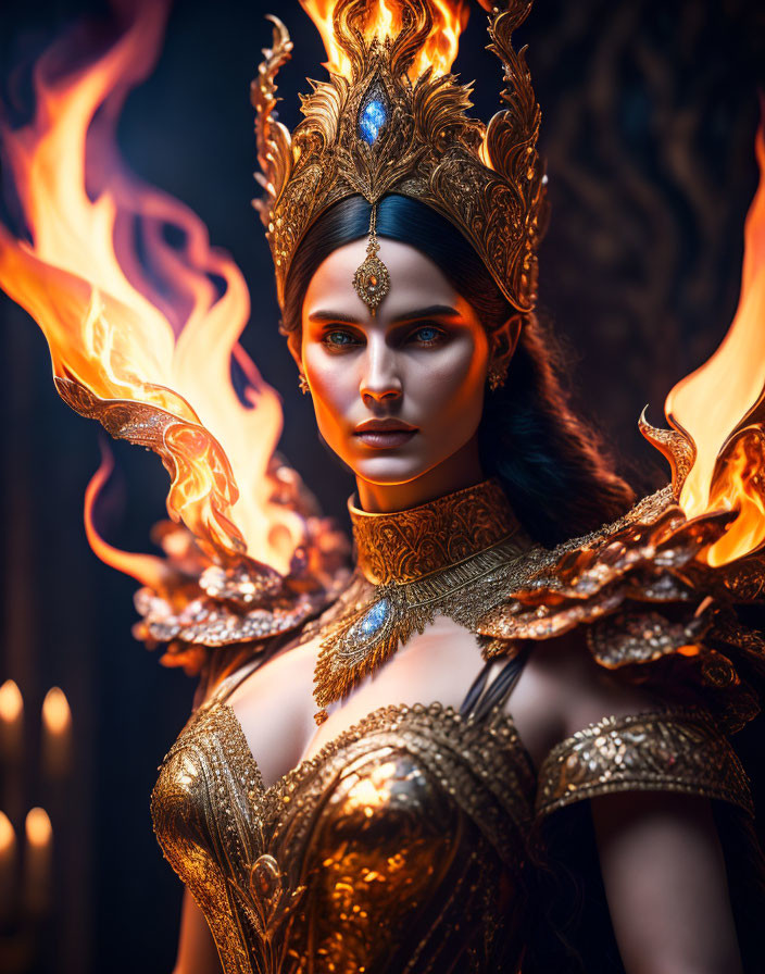 Regal woman in fiery crown and gold armor against flames and darkness