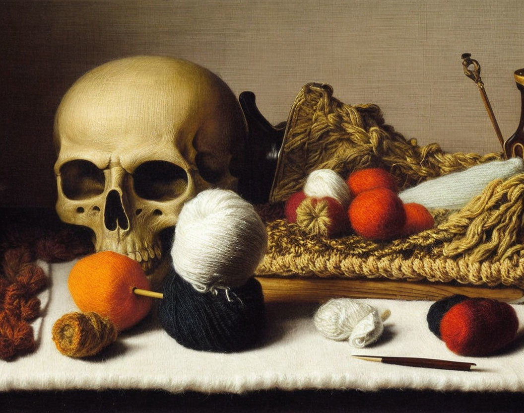 Still life painting with human skull, knitting needles, and yarn balls