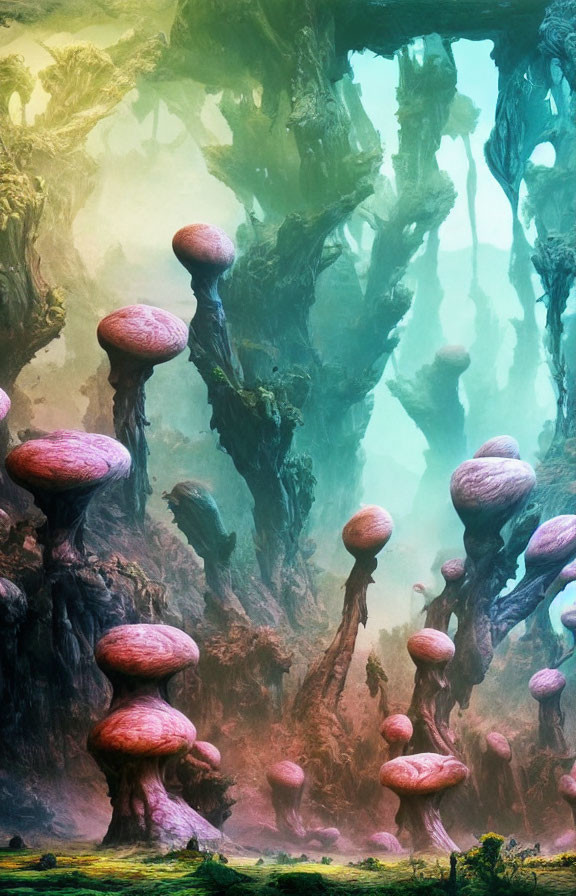 Enchanting forest with pink-capped mushrooms and ancient trees under green haze