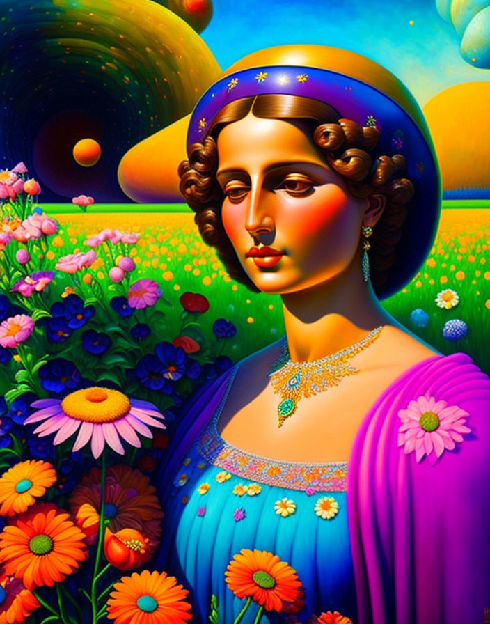 Colorful painting of woman with serene expression among flowers under surreal sky