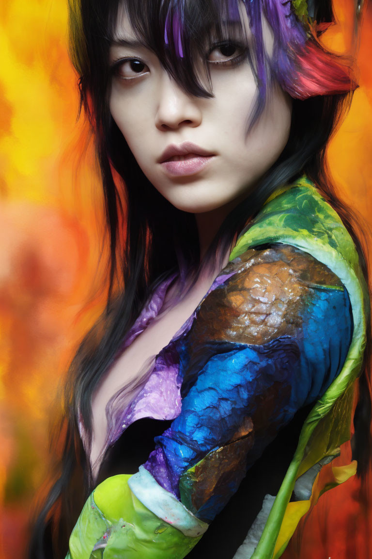 Colorful Hair and Iridescent Jacket on Woman with Striking Makeup