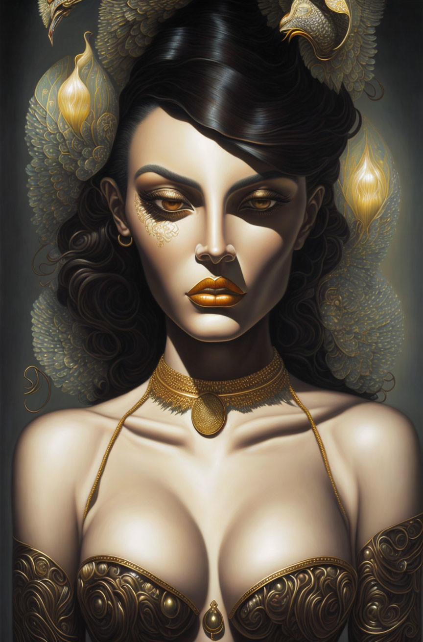Stylized portrait of woman in golden makeup and ornate headpiece