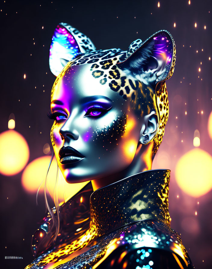 Digital Art: Woman's Face with Leopard Features on Bokeh Background