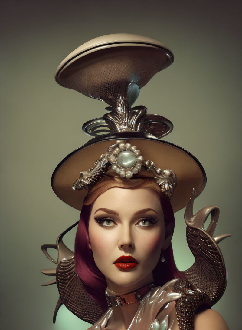 Surreal headdress portrait of a woman with metallic elements