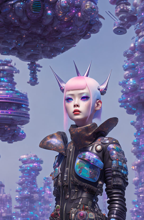 Futuristic female figure in high-tech armor amid alien megastructures