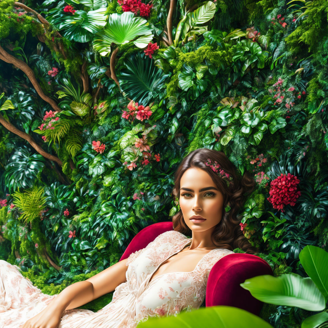 Woman in lace dress on red armchair in lush botanical setting