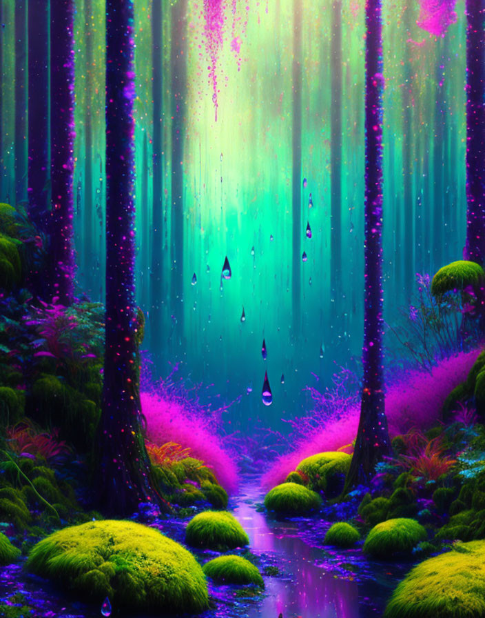 Enchanted Forest with Glowing Pink and Blue Hues