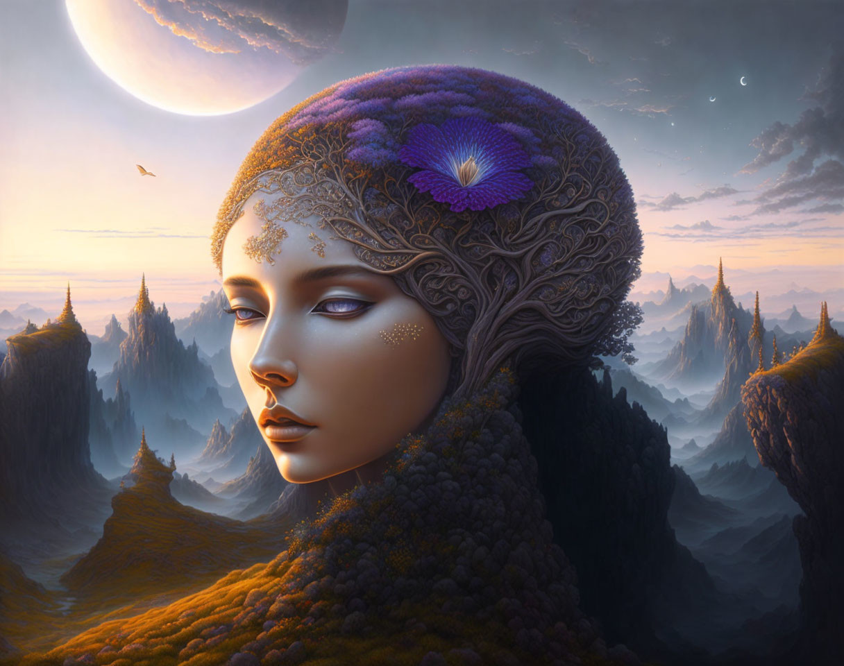Surreal female portrait with landscape hair and moonlit sky