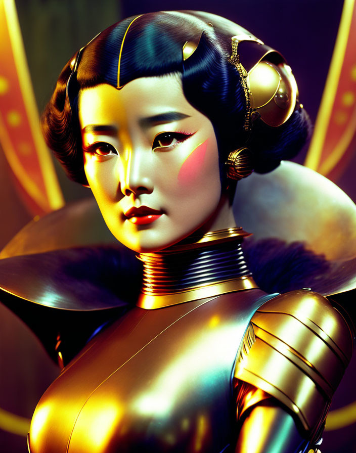 Stylized digital artwork: Woman with 1920s hairstyle, golden armor, and red blush