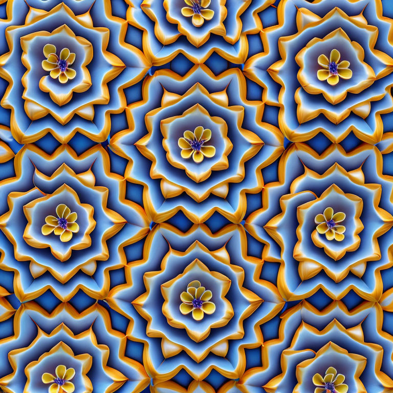 Symmetrical Star-Shaped Pattern in Blue, Brown, and Gold with Floral Motifs