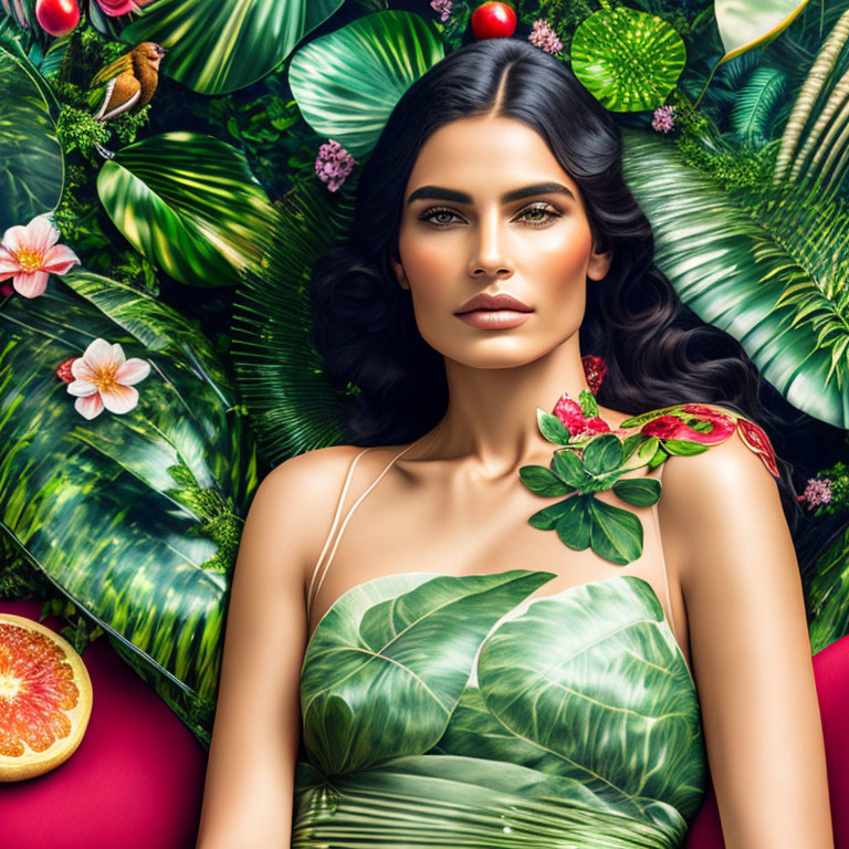 Woman in Tropical Setting with Foliage, Fruit, and Flowers