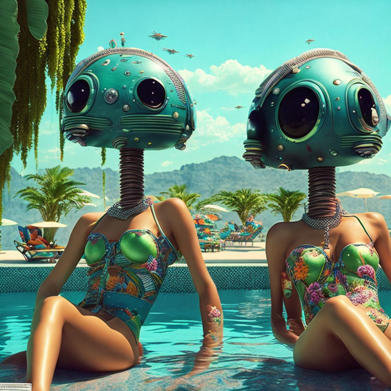Robotic humanoid figures in swimsuits by tropical pool with drones.