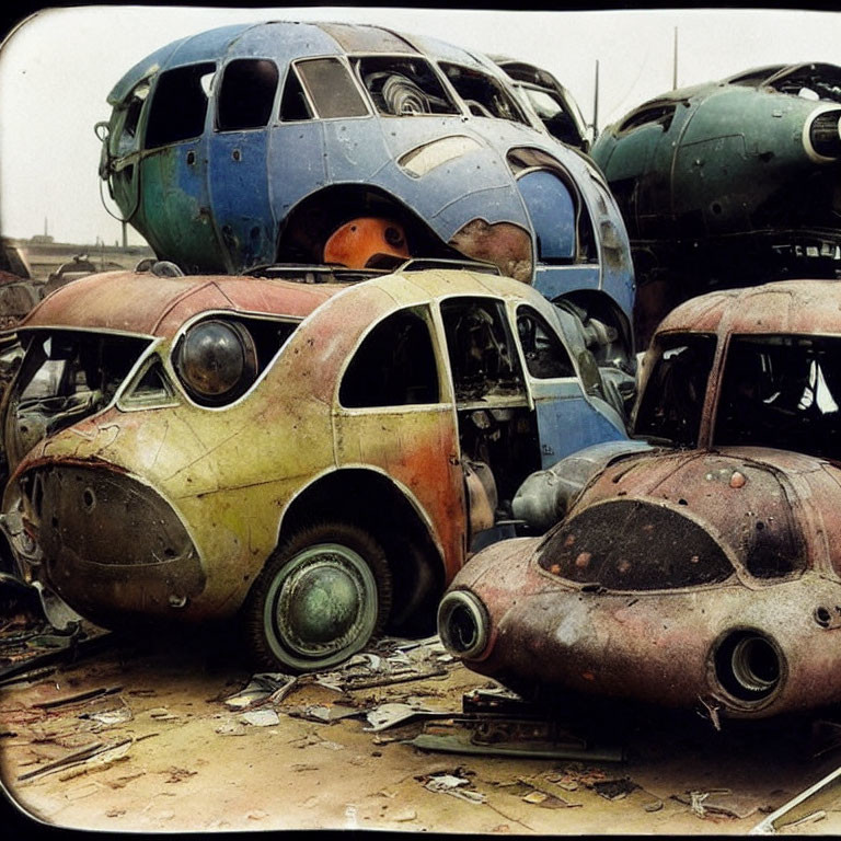 Rusted vintage cars and aircraft parts in a scrapyard