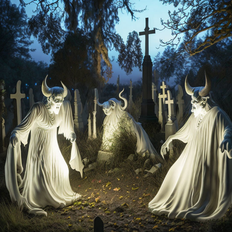 Spectral figures with horns in moonlit graveyard with crosses
