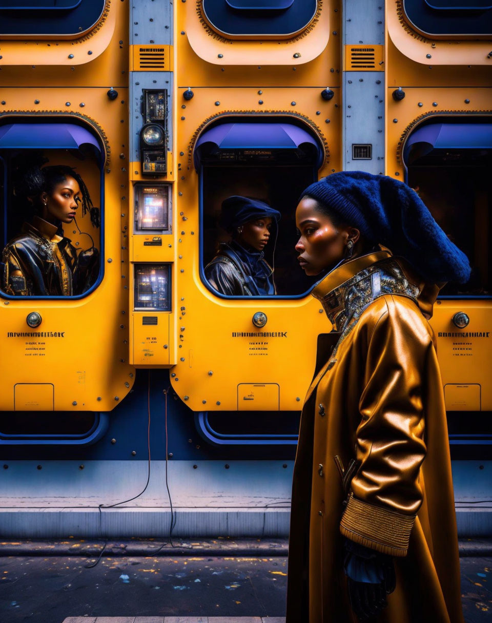 Fashionable individual in blue beret and tan coat by yellow subway car
